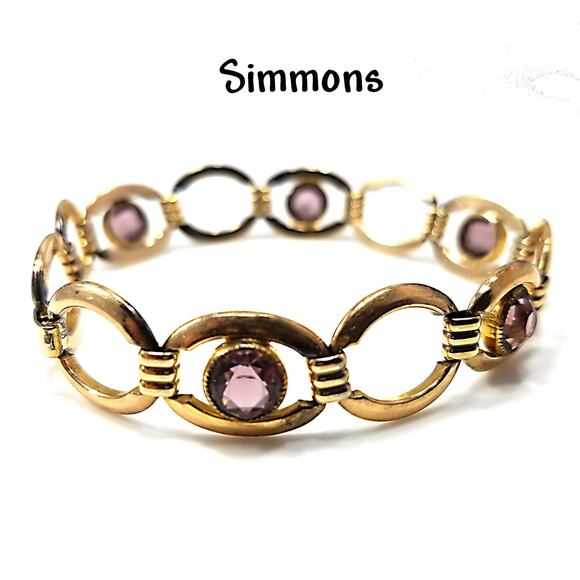 Vintage Simmons Bracelet Purple Glass Gold Tone Links 1920 1940 Egyptian Revival - Picture 4 of 10